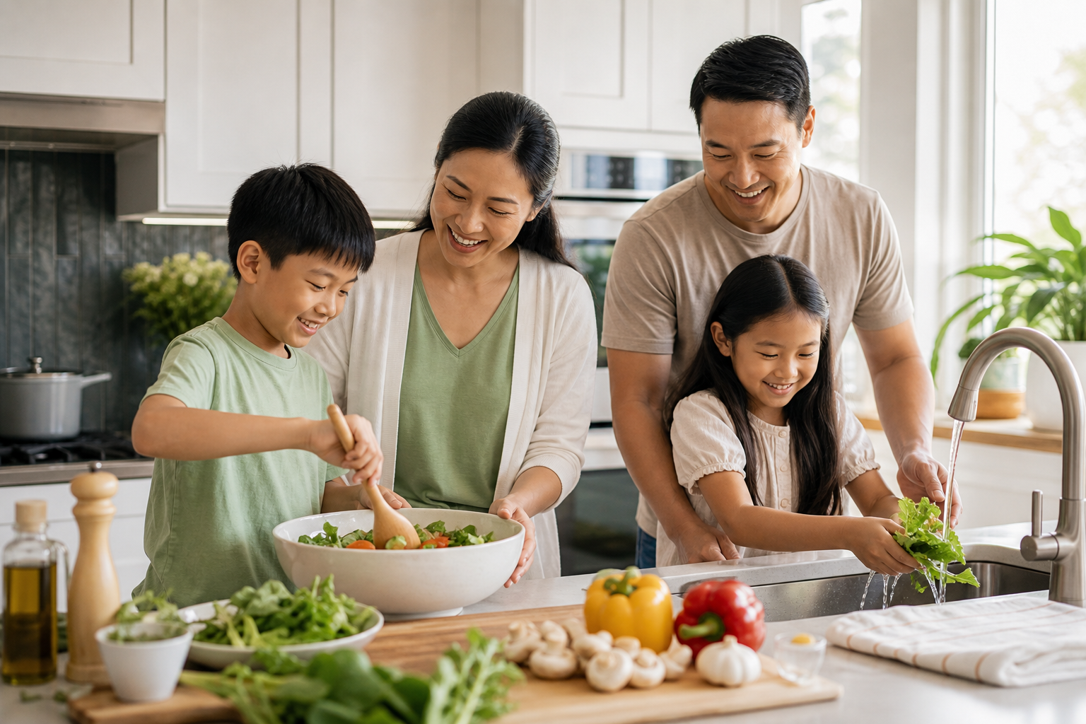 An Asian family cooking together in a bright kitchen