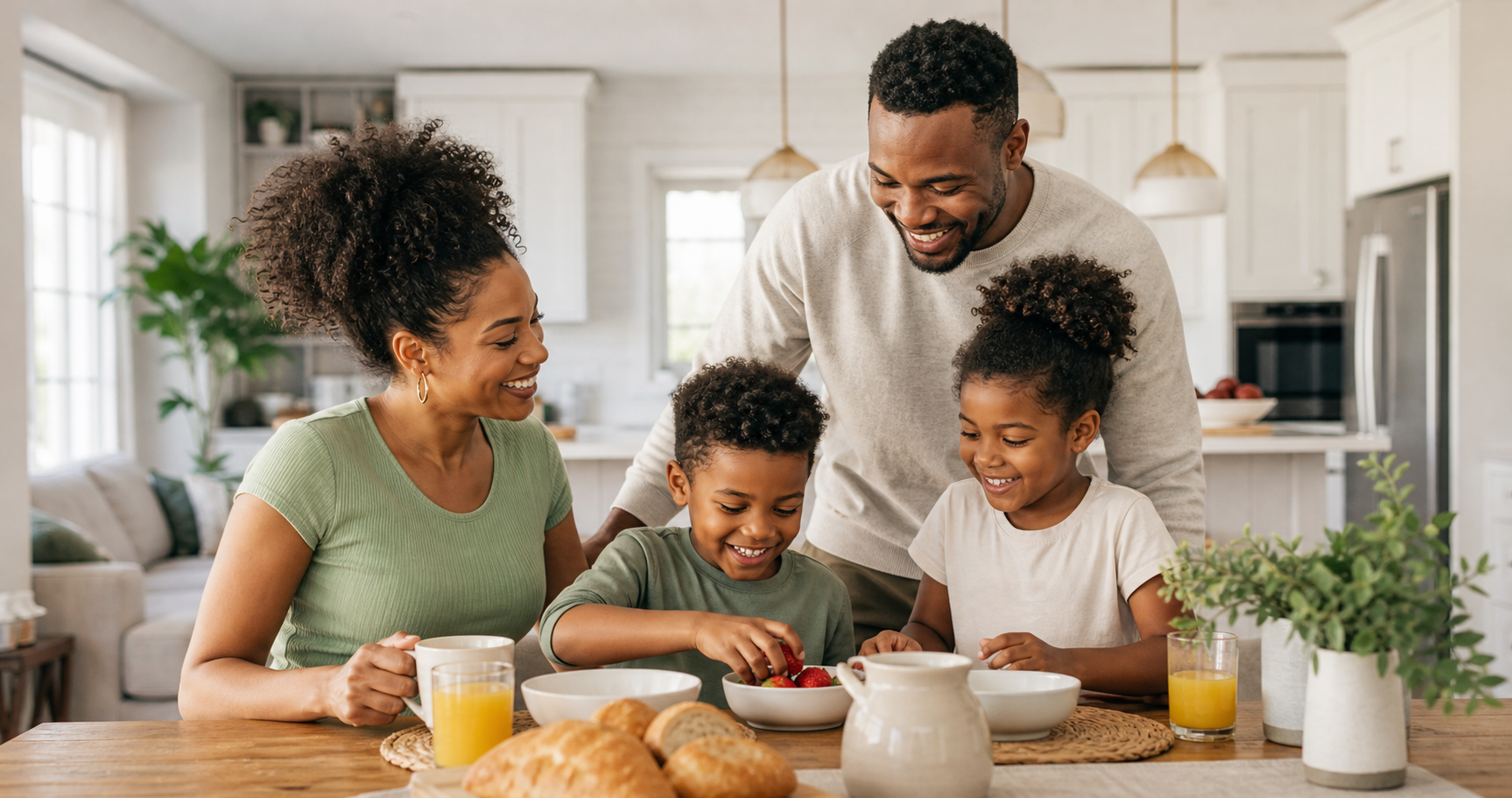 A warm family spending time together in a bright kitchen