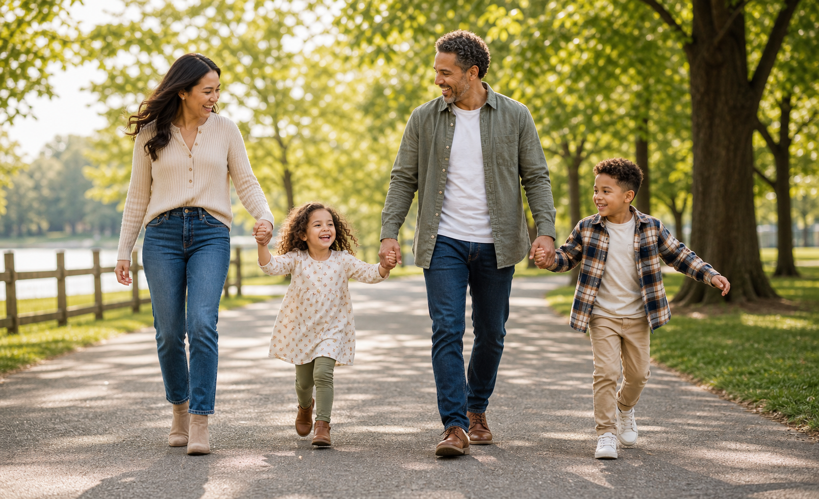 A multiracial family walking together in a green park