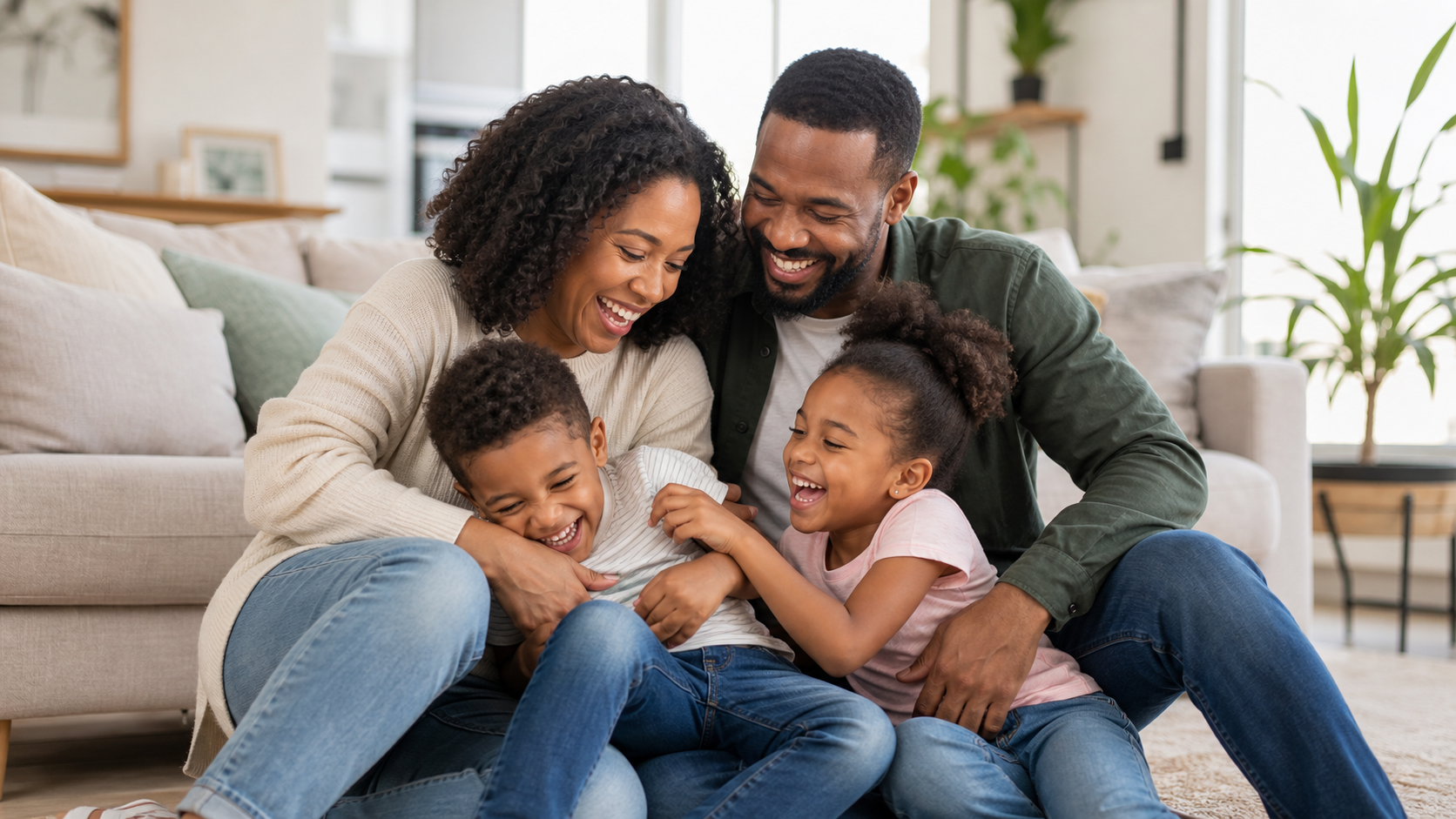 A playful Black family laughing together at home