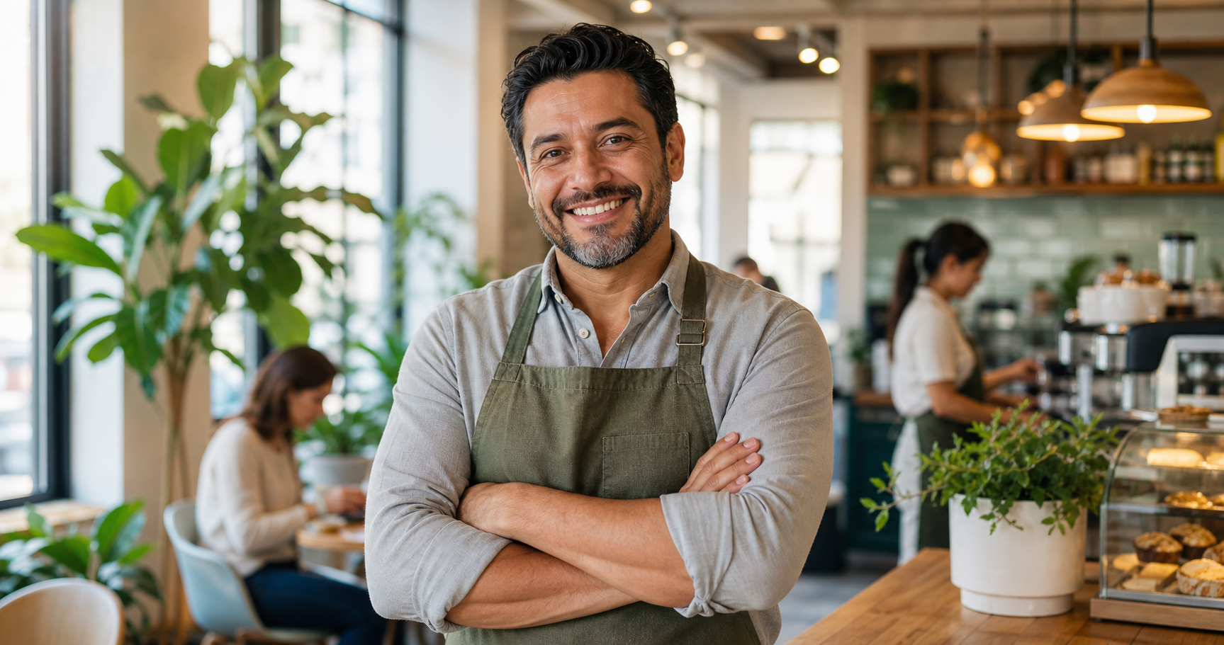 A warm small business owner standing inside a bright neighborhood cafe-style business